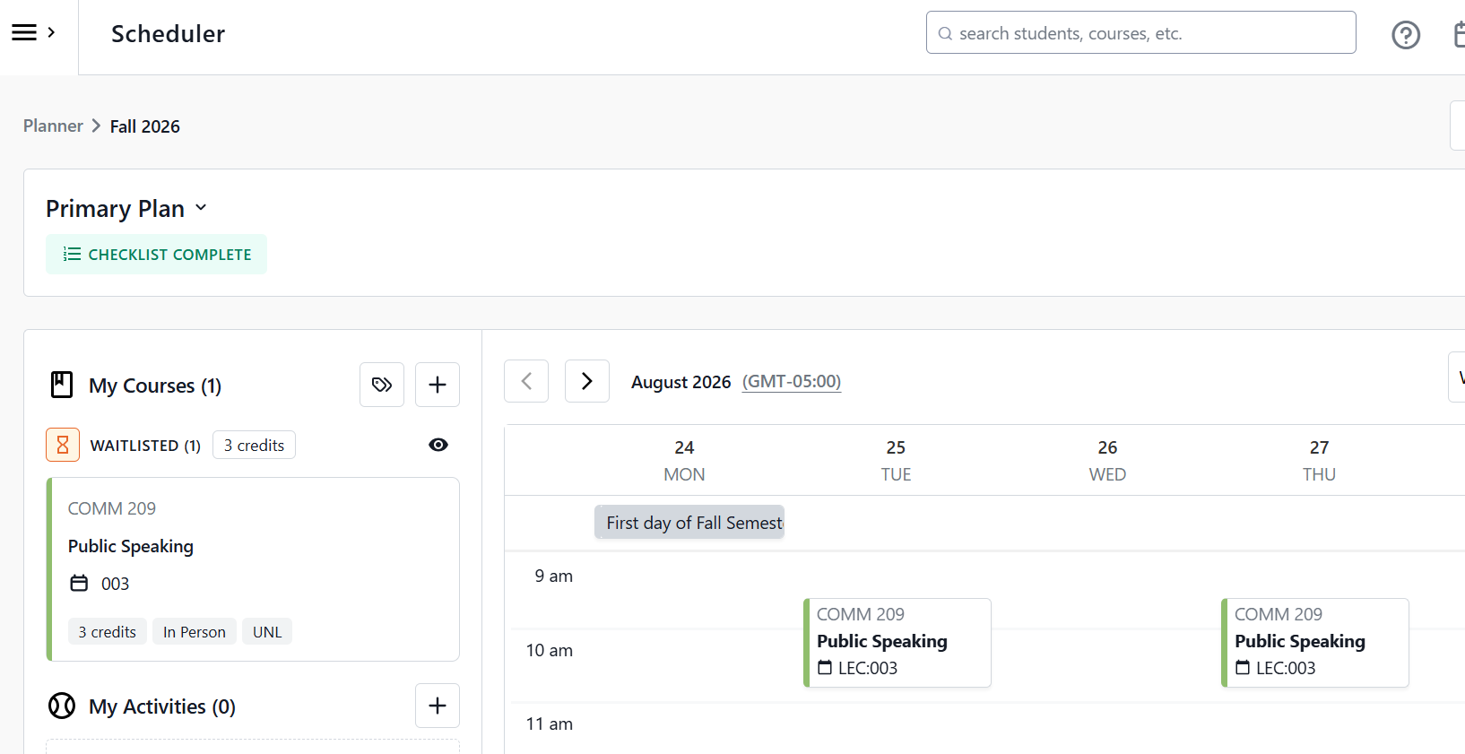 Scheduler interface showing waitlisted COMM 209 course, calendar, and first day of Fall semester.