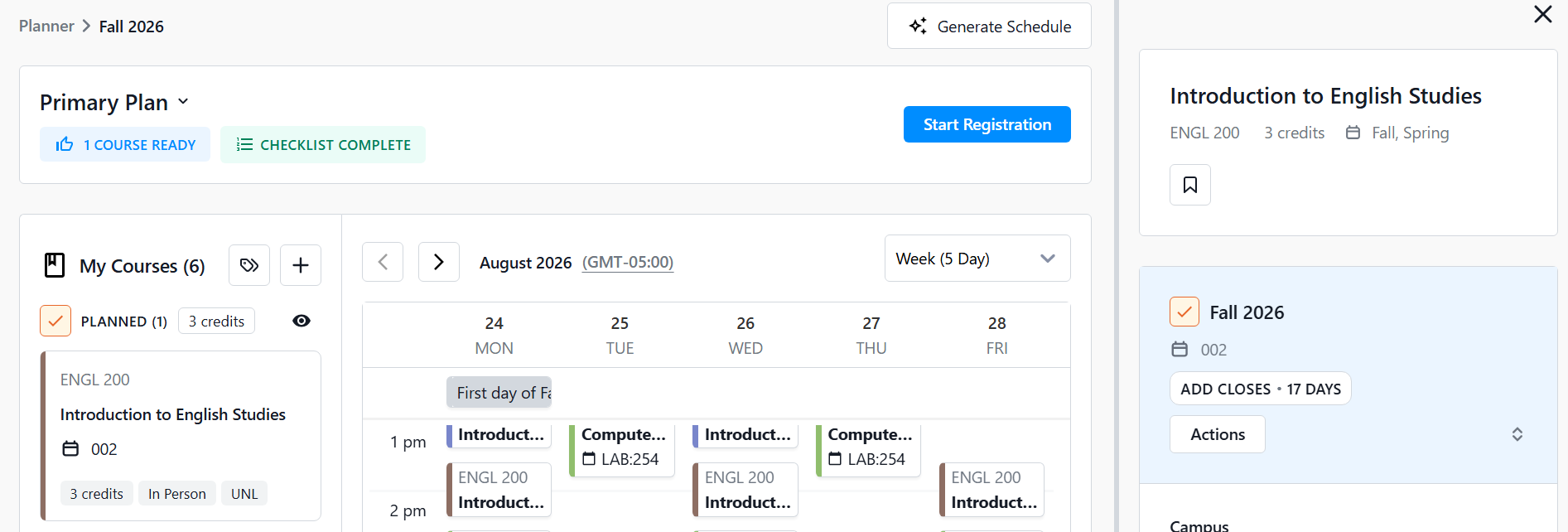 Scheduler interface displaying a planned ENGL 200 course and the course details panel open on the right hand side.