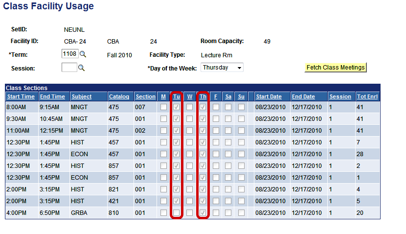 Class Facility Usage page with Tuesday and Thursday highlighted