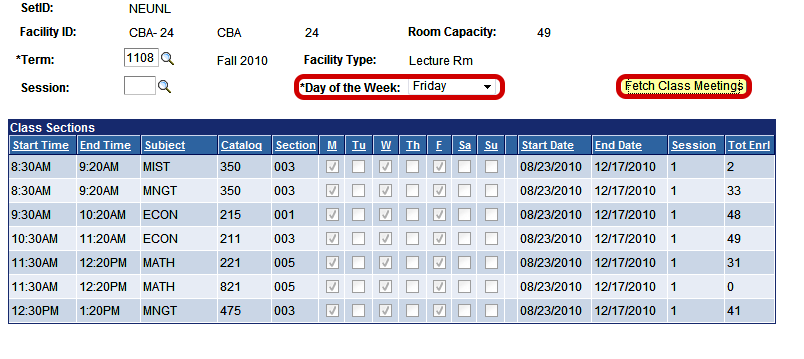 Day of the week box and "Fetch Class Meetings" button highlighted