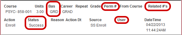 Bas, Perm #, Related #'s, Status, and User highlighted