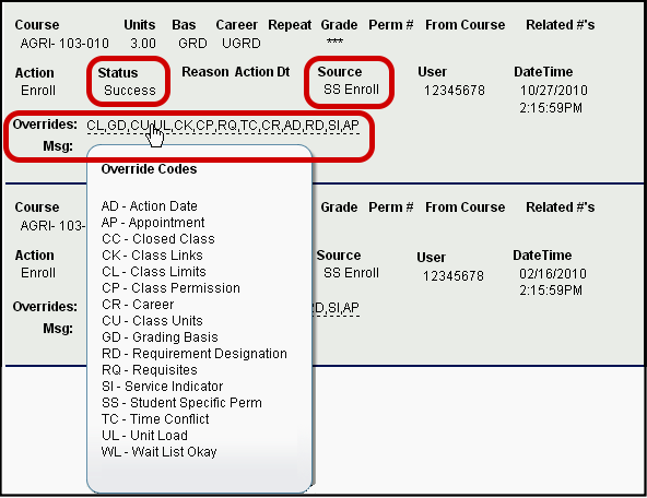 Status, Source, and Overrides highlighted