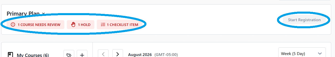 Red alerts for course review, hold, checklist item; button to start registration circled in blue.