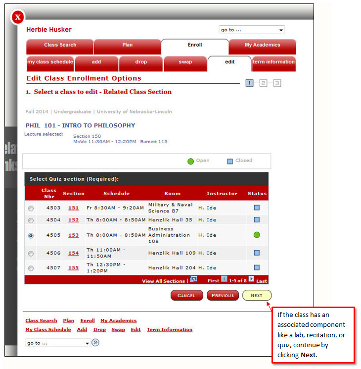 If the class has an associated component like a lab, recitation, or quiz, continue by clicking next
