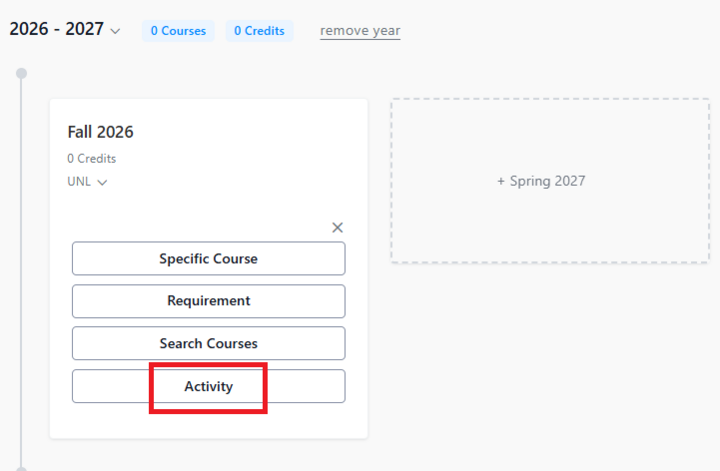 A picture of the menu you can select from to add an item to a student's plan. The buttons listed are: Specific Course, Requirement, Search Courses, Activity. The activity button is highlighted by a red box.