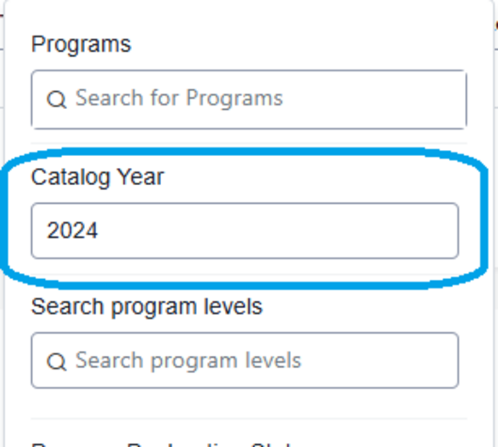 Screenshot of the top part of the Programs filter with a blue box around Catalog Year and the year 2024 typed into the box.