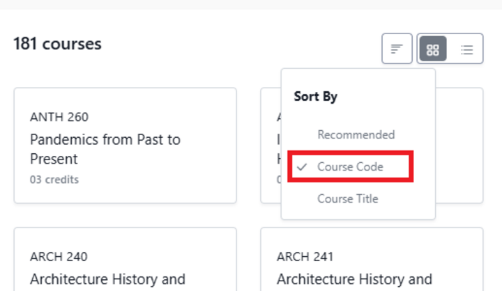 Picture of the Sort By options that show up when you are sorting in the Courses page of Stellic. Course Code is highlighted.