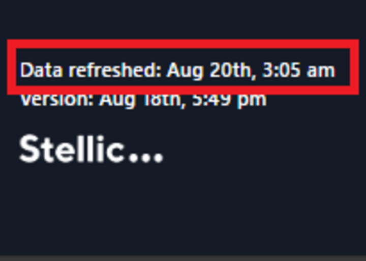Screenshot of Data refreshed date and time in lower left hand corner of Stellic screen.