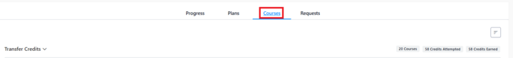 Picture of the tabs at the top of a student degree audit: Progress, Plans, Courses, Requests. There is a red box around Courses.