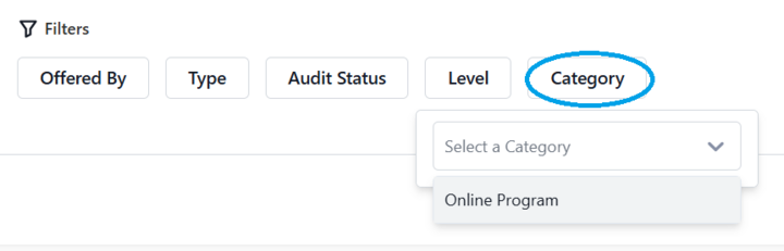 An image of the Category filter on the Programs page in Stellic with the drop down open to show Online