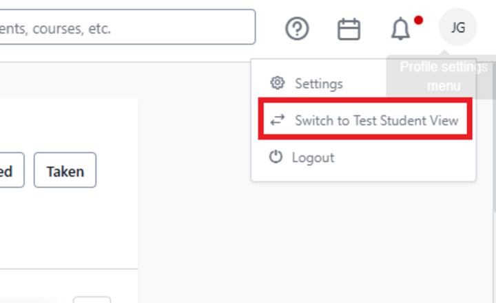Picture of the upper right hand corner of your Stellic page and the menu that drops down when you click on your initials or profile picture. Red box around "Switch to Test Student View."