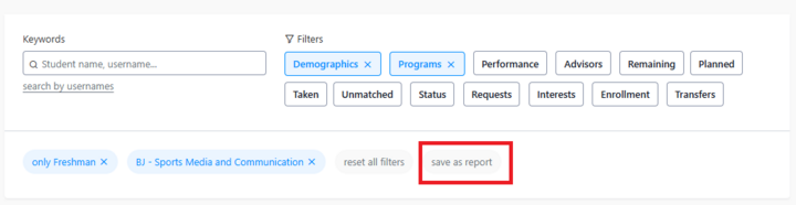 Photo of the filters on Student Dashboard in Stellic. A red box is around the "save as report" button.
