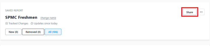 Picture of report heading after report has been run. The Share button is inside a red box.