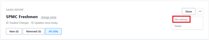 Picture of the menu that appears when you click on the 3 dots next to the report heading after you have run the report. A red square is around the "Edit settings" menu item.