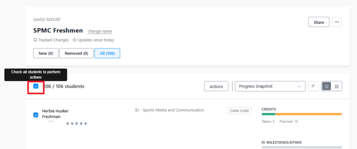 Photo with a red box around the top checkmark box in a report.  Pop up text says "check all students to perform actions."