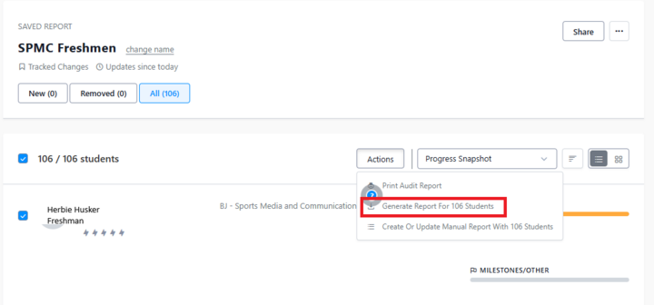 Picture of top of report with Actions button selected and red box around "Generate Report for 106 students."