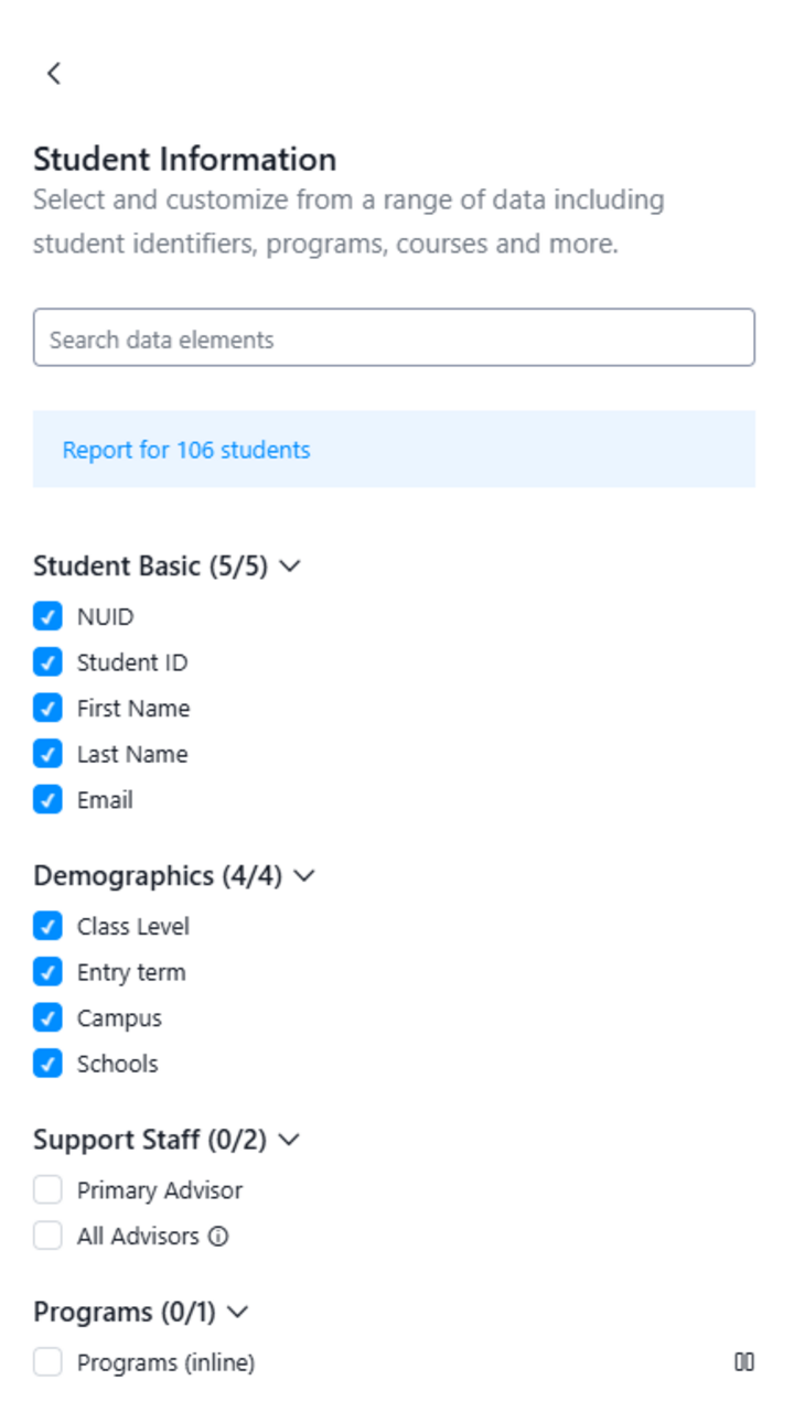 Picture of the Student Information report customization screen with options for what to include in the report.