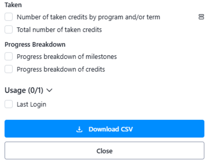 Picture of the bottom of the Student Information report customization screen with blue button to "Download CSV."