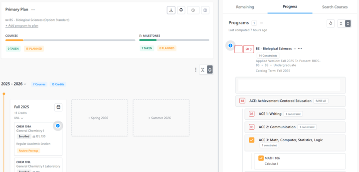 Picture of the side-by-side planning tool with the semester-by-semester plan on the left and the degree audit (progress) on the right.