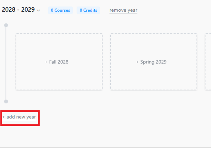 A picture of the last year of a student's plan, below which are the words "+ add new year," surrounded by a red box.