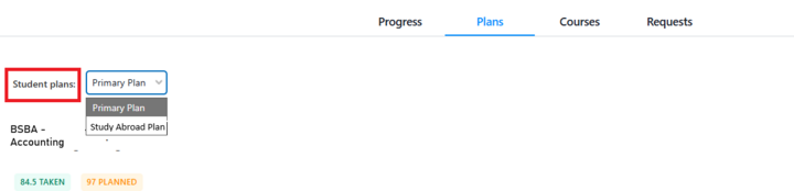 A picture of the Plans tab in a student's profile. There is a dropdown box on the left side that is labeled "student plans." This student has a Primary Plan and a Study Abroad Plan, which can be chosen.