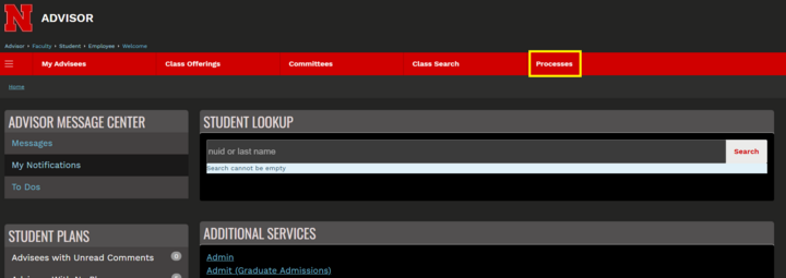 The Advisor homepage in MyRed with a yellow box around the word Processes in the Menu.