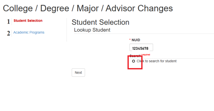 A number in the NUID box and a red square around the "Click to search for student" radio button.