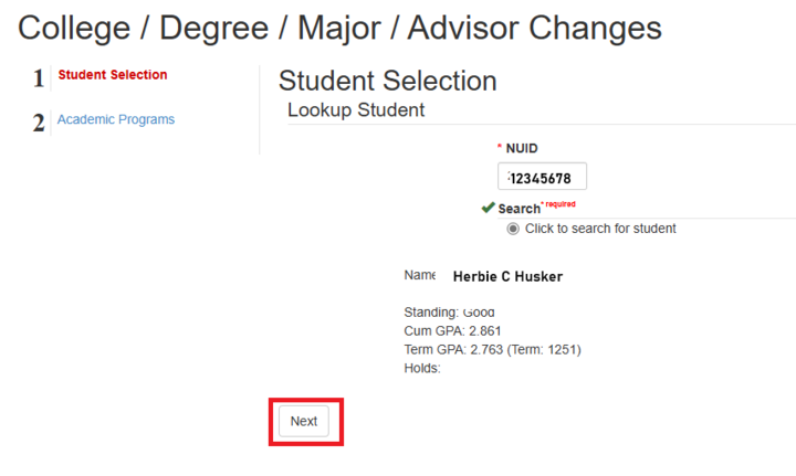 Herbie Husker's name and GPA with a red box around the Next button.