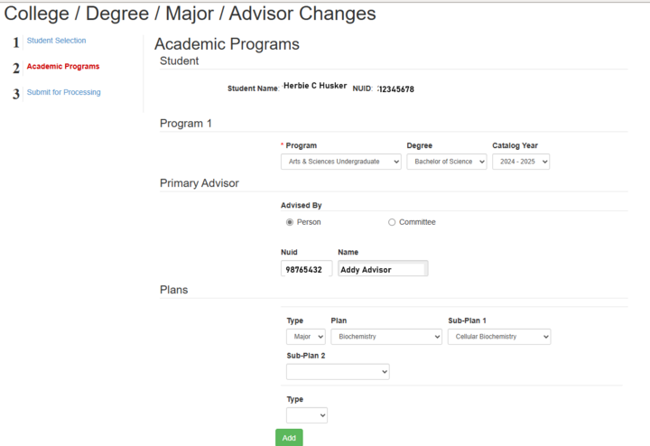 The Program 1, Primary Advisor, and Plans fields with information filled out for a Bachelor of Science degree and Biochemistry major.