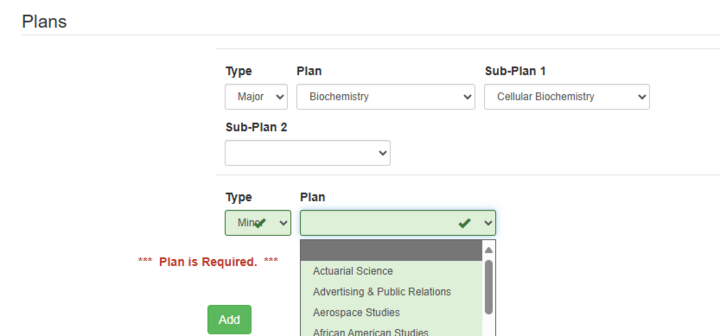 The drop down next to Type when you choose minor. Several minor options are listed for selection.