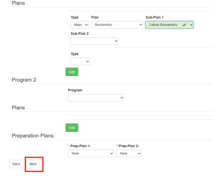 bottom of the New Program Page e-form with a red box around the Next button.
