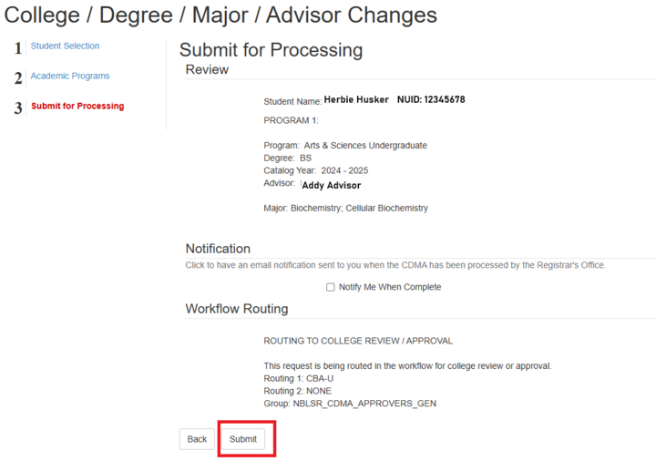 final page showing the new major and advisor. A red box surrounds the Submit button.