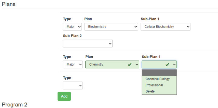 Sub-Plan drop down menu for the Chemistry major with two options listed: Chemical Biology and Professional.