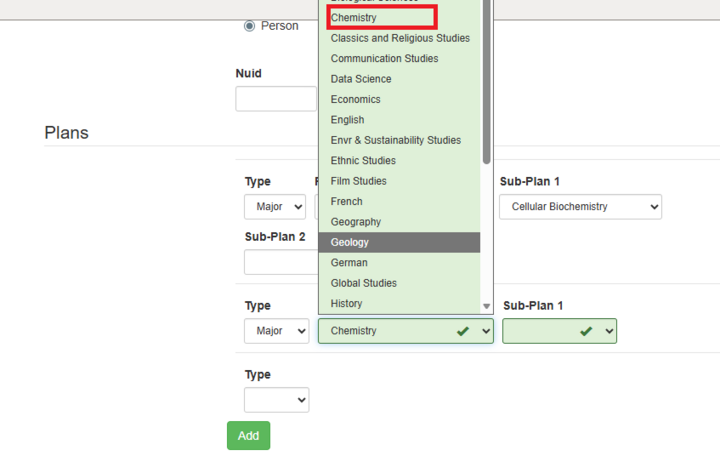 Plan drop down with several majors listed. The Chemistry listed is outlined with a red box.