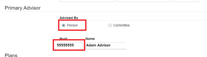 Primary Advisor section in Program 2 with a red box around the Person radio button and around the NUID field where you put the advisor's NUID.