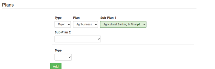 Plans in the Program 2 section with Major selected in Type, Agribusiness selected in Plan, and Agricultural Banking & Finance selected in Sub-Plan 1.