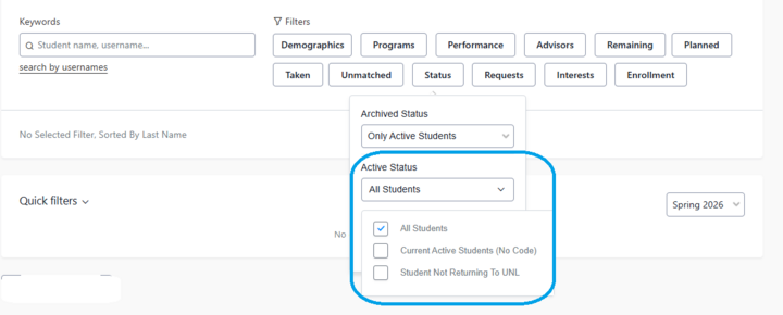 Photo of the Status filter, with the drop down options under Active Status opened. The options are: All Students, Current Active Students (No Code), and Student Not Returning to UNL.