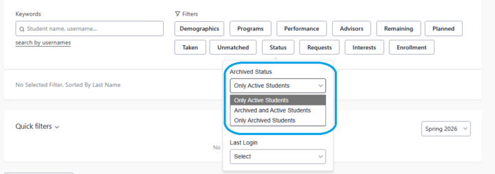 Screenshot of the Status Filter with the Archived Status drop down visible. The dropdown options under Archived Status are Only Active Students, Archived and Active students, and Only Archived Students.
