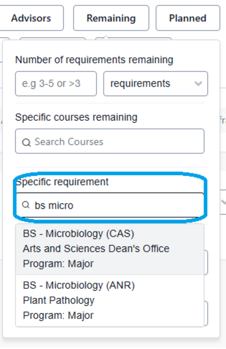 Screenshot of the Specific Requirement filter with "bs micro" typed into the search and two drop down options available: BS - Microbiology (CAS) and BS - Microbiology (ANR).