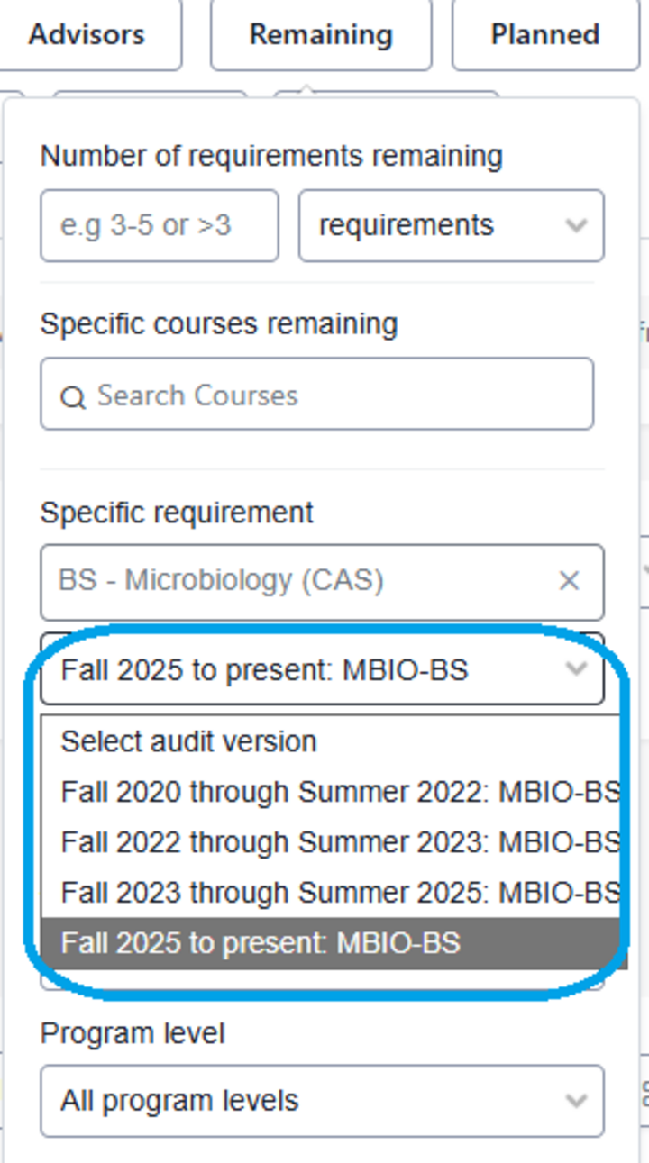 Screenshot of the Specific requirement filter with the Select audit version drop down available and several audit options to select from.