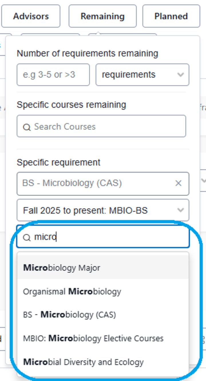 Screenshot of the Specific Requirement filter with the text "micro" typed into the requirement box and several requirement options to choose from.
