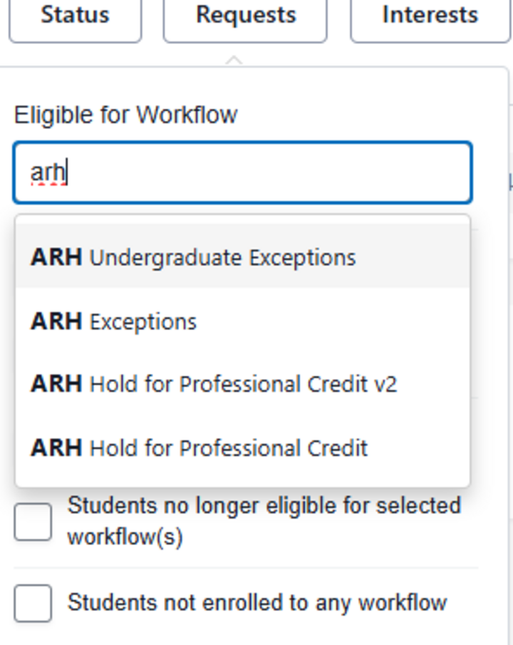 Screenshot of the Eligible for Workflow search box with "arh" typed into the search box. Several workflows that match populate below the search box.