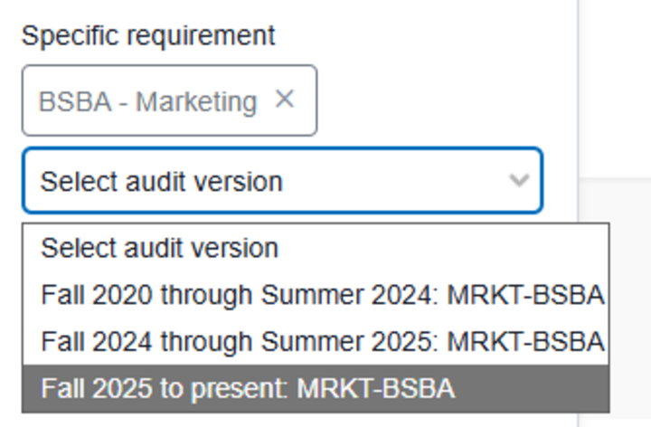The "Select audit version" dropdown shows several audit options for BSBA - Marketing.
