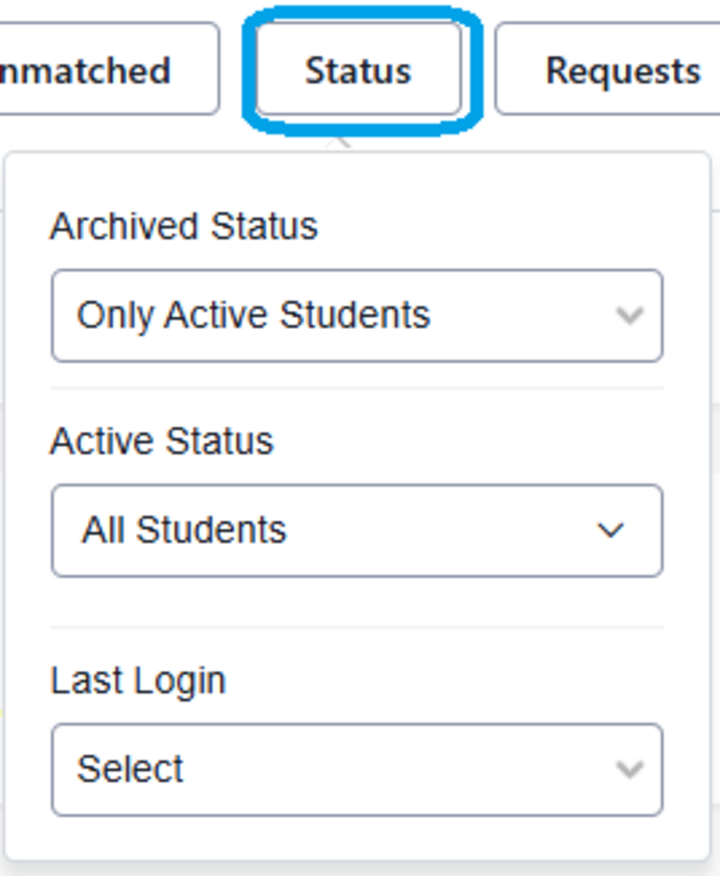 Screenshot of the Status filter with it's three fields: Archived Status, Active Status, and Last Login.