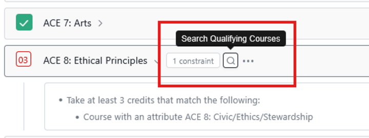 Picture of the ACE 8 requirement with a search glass appearing next to the words ACE 8: Ethical Principles