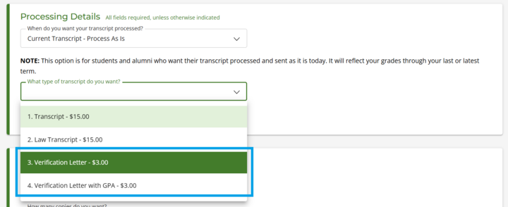 An image showing the options for verification orders for former students