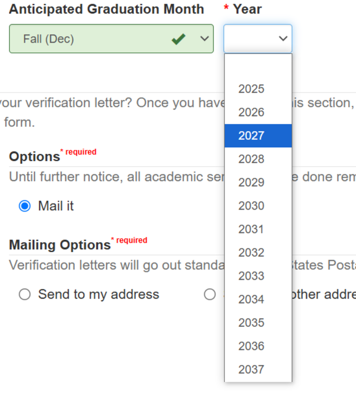 An image showing a drop down of terms and dates for expected graduation.